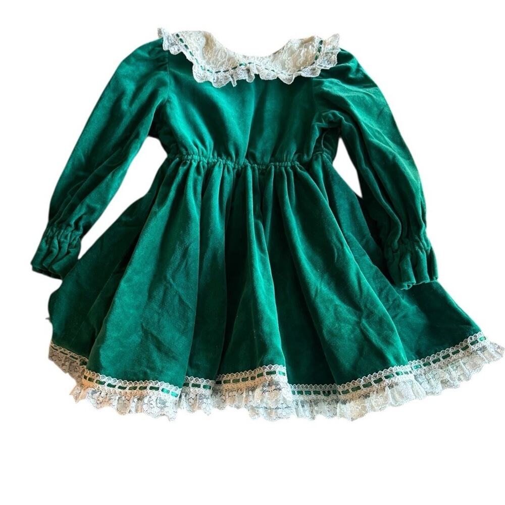 Vintage Handmade Green Velvet Holiday Dress Girls Toddler Lace Collar Christmas